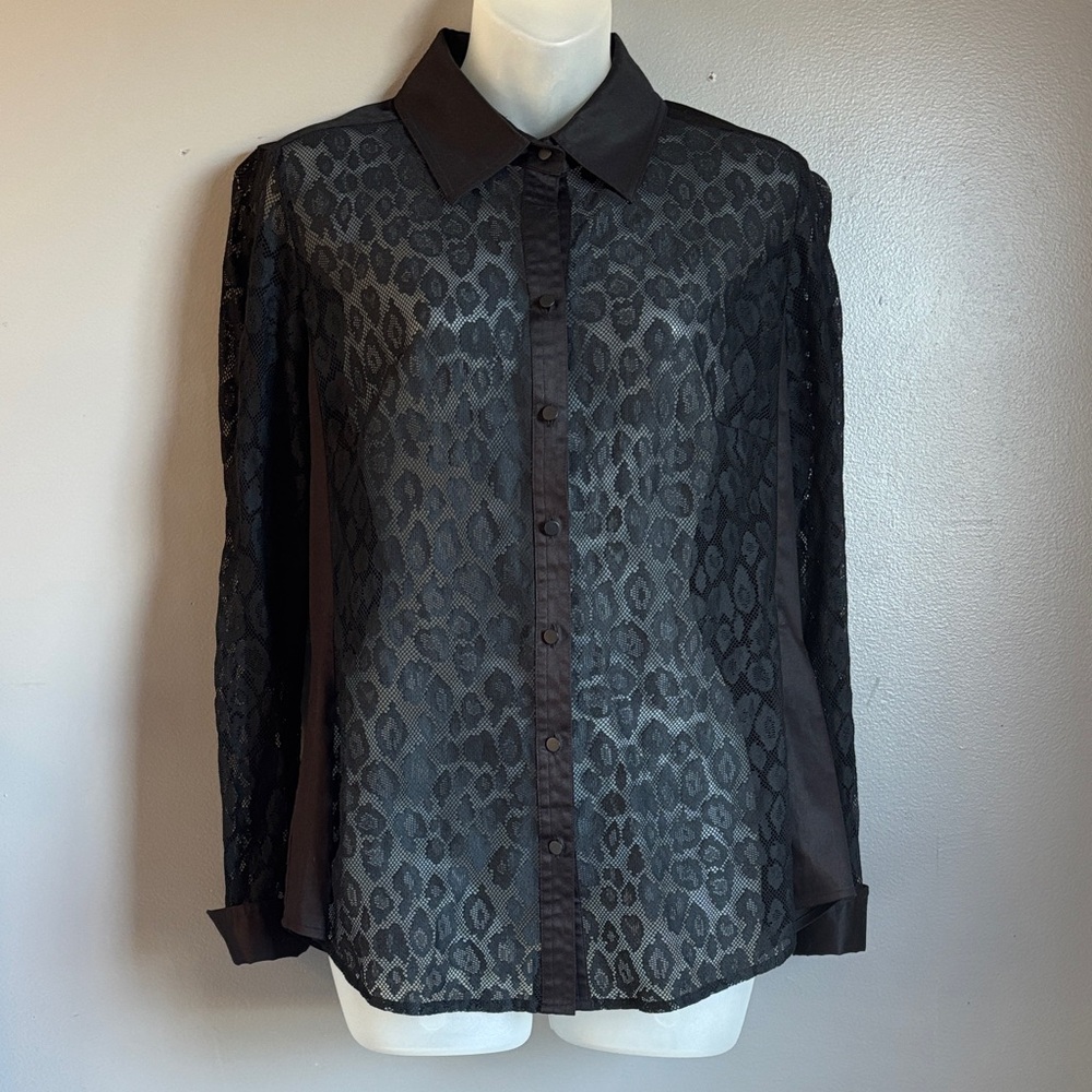 Etcetera sheer mesh black leopard patterned butto… - image 1